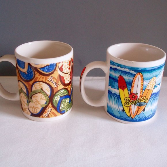 Hawaii Slippers Flop Flops Surf’s Up Surfboard Coffee Mug Set Beach Tea Souvenir - Picture 3 of 14
